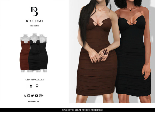 Sims 3 — Spaghetti Strap Ruched Midi Dress by Bill_Sims — This dress features a ruched design, spaghetti straps and a