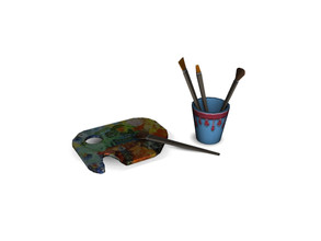 Sims 4 — Lucy Art Room Painting Pallet by Angela — Lucy Art Room decorative Painting pallet. pallet and cup with brushes.