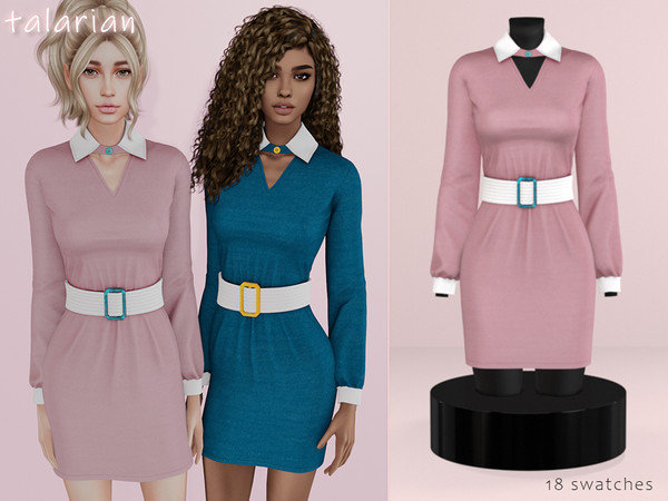 Sims 4 — Aaliyah belted dress by talarian — Dress with collar and belt * New Mesh * 18 colors * Female, Teen-Elder * Base