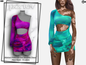 Sims 4 — Abstract Print Cut One Shoulder Dress by portev — New Mesh 15 colors All Lods For female Teen to Elder