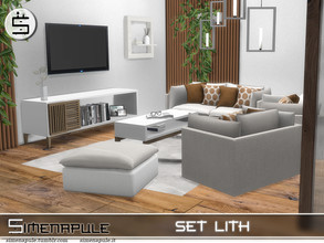 Sims 4 — Set Lith by Simenapule — Set Lith includes: - Sofa - Armchair 01 - Armchair 02 - Rug - 3d Wall Panel - Sideboard