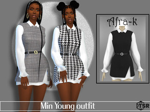 Sims 4 — Minyoung outfit by akaysims — Long sleeves flair dress with patterned sweater. Comes in 15 colors. - HQ