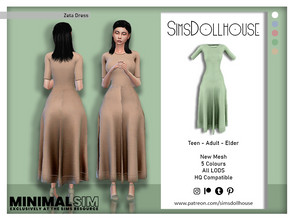 Sims 4 — MinimalSim - Zeta Dress by SimsDollhouse — 3/4 sleeve long dress in muted colours for Sims 4 teens - elders for