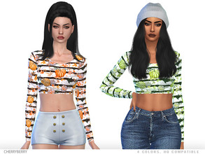 Sims 4 — Women's Fall Crop Top by CherryBerrySim — Cute and cozy fall crop top with pumpkins for female sims.