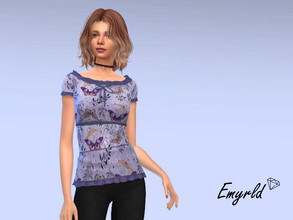 Sims 4 — Purple Butterfly Ruched Shirt by Emyrld — Purple ruched shirt with butterflies and moons pattern