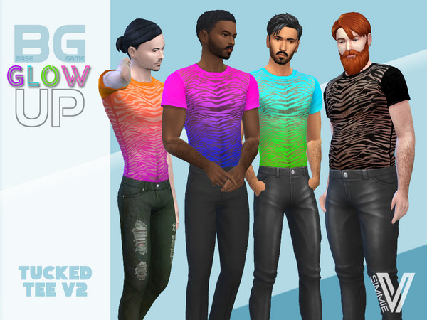 Sims 4 — Base Game Glow Up Tucked Tee v2 by SimmieV — Set your party animal free with these vibrant versions of a sheer