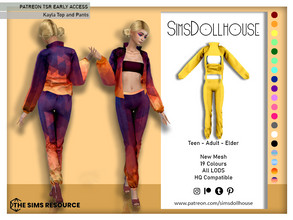 Sims 4 — [PATREON] Kayla Top and Pants by SimsDollhouse — Brightly coloured and patterned outfit with a crop top and