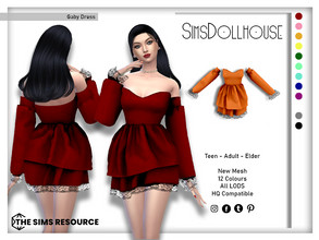 Sims 4 — Gaby Dress by SimsDollhouse — Off the shoulder long sleeve dress with lace and frills for Sims 4 teens to elders