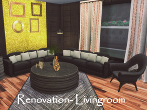 Sims 4 — Renovation: Livingroom | Only TSR CC by GenkaiHaretsu — Modern black livingroom with gold and wood for