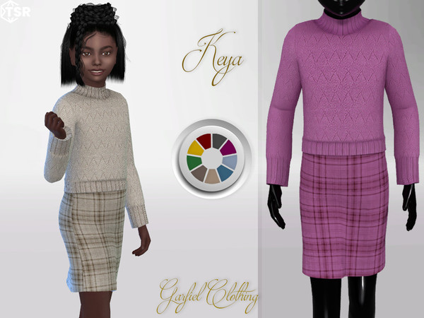 Sims 4 — Keya - Knitted sweater and plaid skirt by Garfiel — Warm, autumn, rhombus knitted sweater and warm checkered