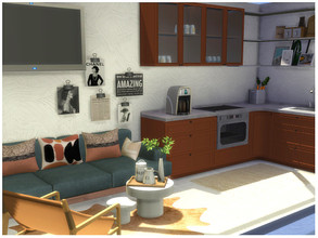 Sims 4 — Orange Kitchen by lotsbymanal — A small kitchen with living area..