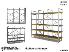 Sims 4 — kardofe_Kitchen containers_Shelving by kardofe — Large shelving unit, made of wood and metal, in three colour