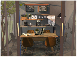 Sims 4 — Woody Dining by lotsbymanal — A small modern dining room with mini bar..
