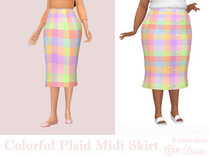 Sims 4 — Colorful Plaid Midi Skirt by Dissia — High waist colorful plaid midi skirt with or without silver bottons