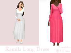 Sims 4 — Kamila Long Dress by Dissia — Long sleeves V cleavage long dress Available in 47 swatches