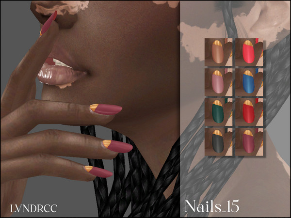 Sims 4 — Nails_15 by LVNDRCC — Oval elegant manicure with gold, shiny detail on satin matte base in variety of red,