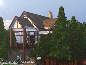 Sims 4 — Pine & Magnolia Mountain House | noCC by simZmora — Small wooden house with pines and magnolias around,