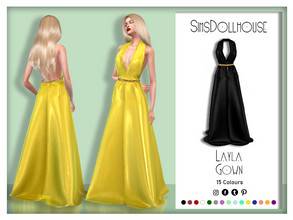 Sims 4 — [PATREON] Layla Gown by SimsDollhouse — Silk, long evening gown with an open back and low cut front, with a gold