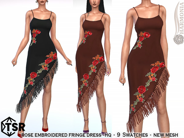 Sims 4 — Rose Embroidered Fringe Dress by Harmonia — New Mesh All Lods 9 Swatches HQ Please do not use my textures.