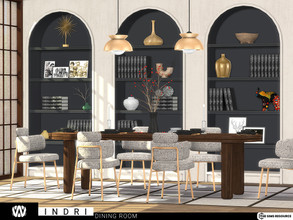 Sims 4 — Indri Dining Room by wondymoon — Japandi inspired dining room with curved dining table and chairs! Completed