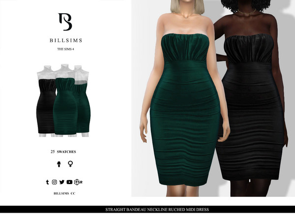 Sims 4 — Straight Bandeau Neckline Ruched Midi Dress by Bill_Sims — This dress features a flattering straight neckline in