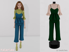 Sims 4 — Eliza denim outfit with pants by talarian — Denim outfit with flared trousers and a T-shirt with thin straps and