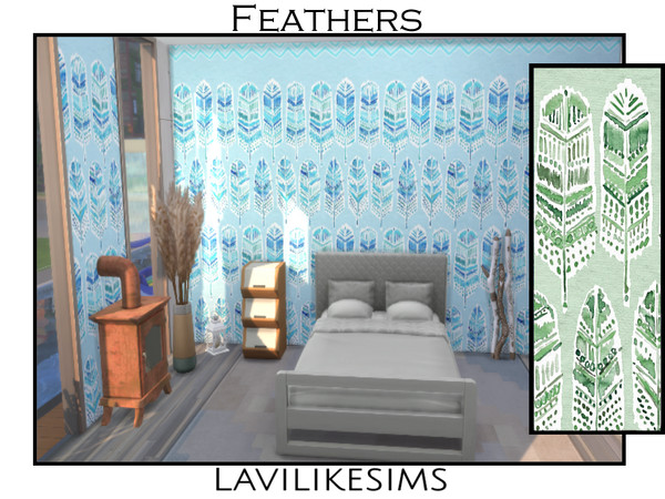 Sims 4 — Large Feathers by lavilikesims — A wall with impact, large feathers, with a two different plain walls, in 4