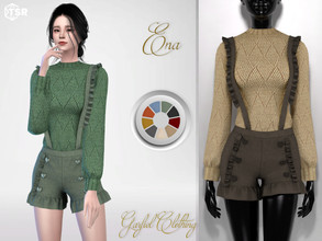Sims 4 — Ena - Knit sweater and suspender shorts by Garfiel — Cute autumn outfit. Lozenge-knitted sweater and suspender