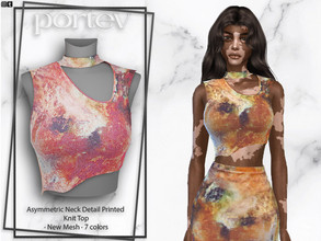 Sims 4 — Asymmetric Neck Detail Printed  Knit Top by portev — New Mesh 7 colors All Lods For female Teen to Elder