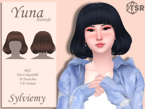 Sims 4 — Yuna Hairstyle by Sylviemy — Medium Straight Hair New Mesh Maxis Match All Lods Base Game Compatible Hat