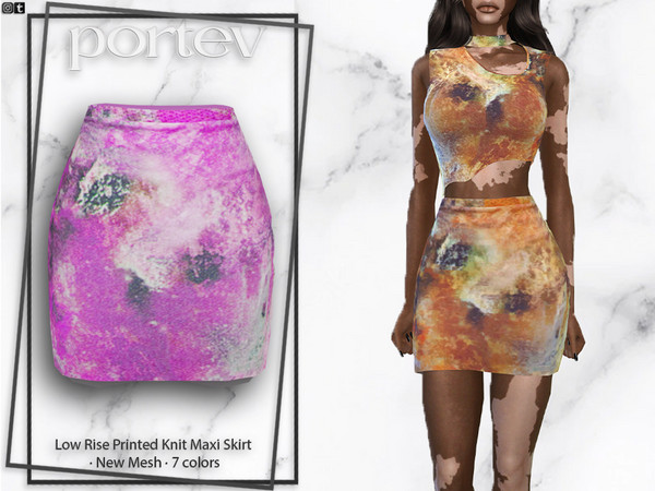 Sims 4 — Low Rise Printed Knit Maxi Skirt by portev — New Mesh 7 colors All Lods For female Teen to Elder