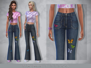 Sims 4 — Elle Butterfly Jeans. by Pipco — Flared jeans with butterflies in 3 swatches. Base Game Compatible New Mesh All