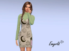 Sims 4 — Fairycore Sweater Dress (requires Werewolves) by Emyrld — brown over-dress with fairycore pattern and green