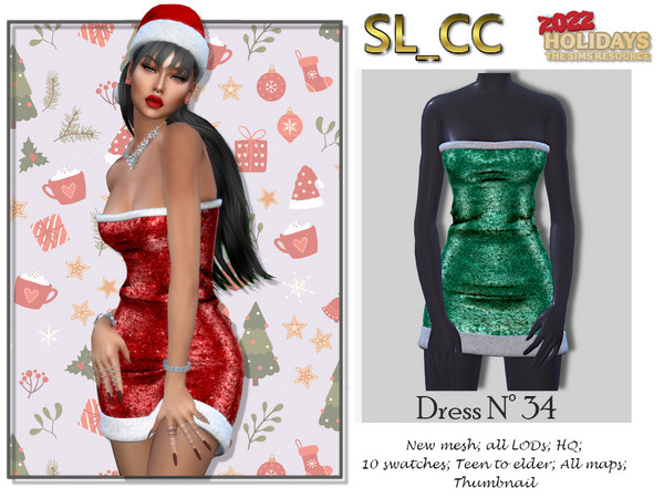 Sims 4 — Dress 34 by SL_CCSIMS — -New mesh- -10 swatches- -Teen to elder- -All Maps- -All Lods- -HQ- -Catalog Thumbnail-