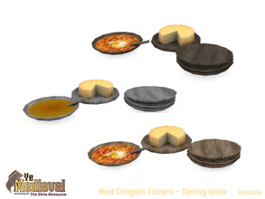 Sims 4 — Ye Medieval Red Dragon Tavern Dishes by kardofe — Stacked dishes and others with food, decorative, in three