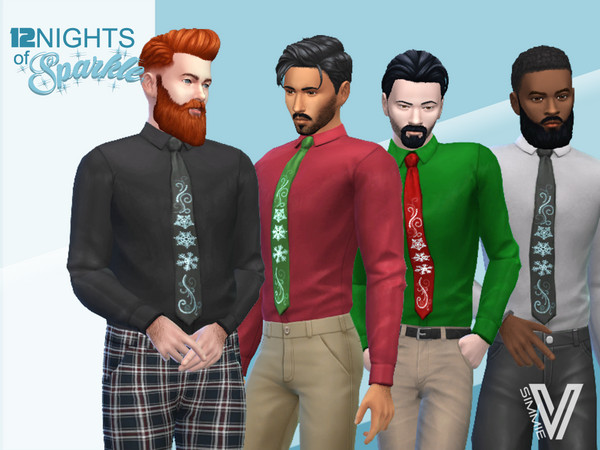 Sims 4 — 12 Nights of Sparkle Necktie by SimmieV — A shiny silk shirt and a necktie with a rhinestone snowflake design