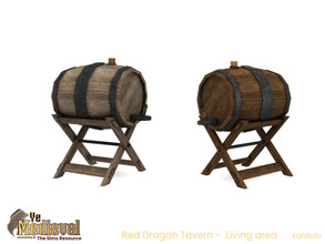 Sims 4 — Ye Medieval Red Dragon Tavern Barrel 3 by kardofe — Barrel on wooden stand, decorative, in two colour options