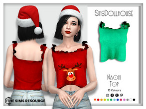 Sims 4 — Naomi Top by SimsDollhouse — Crop top with frills for Sims 4 teens to elders. 1 cartoon reindeer print and 12