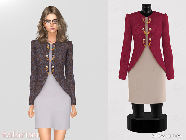 Sims 4 — Maeve jacket with dress by talarian — Jacket with chains on the buttons and cotton mini dress