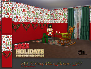 Sims 4 — Poinsettia Flower SET by matomibotaki — 2 Decorative Christmas wallpapers with and without a fir garland and all