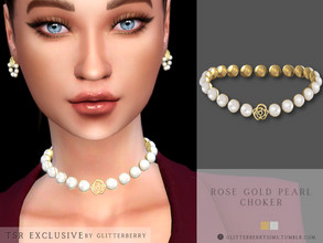 Sims 4 — Rose Gold Pearl Choker by Glitterberryfly — A pearl choker set in gold with a gold rose pendant. 