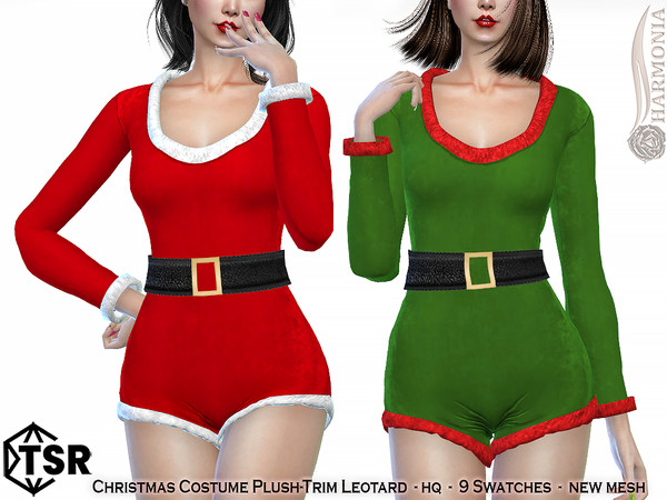 Sims 4 — Christmas Costume Plush-Trim Leotard by Harmonia — New Mesh All Lods 11 Swatches HQ Please do not use my