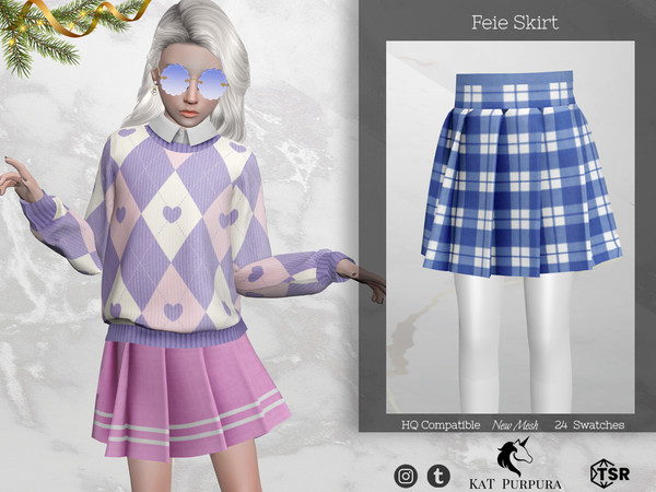 Sims 4 — Feie Skirt by KaTPurpura — Short pleated skirt with flat colors and checkered pattern