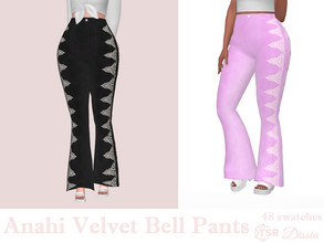 Sims 4 — Anahi Velvet Bell Pants by Dissia — High waist velvet flare pants with lace details Available in 48 swatches