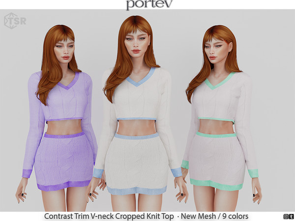Sims 4 — Contrast Trim V-neck Cropped Knit Top by portev — New Mesh 9 colors All Lods For female Teen to Elder