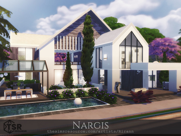 Sims 4 — Nargis - TSR CC Only by Rirann — Nargis is a contemporary house in white and black colors with light brown wood
