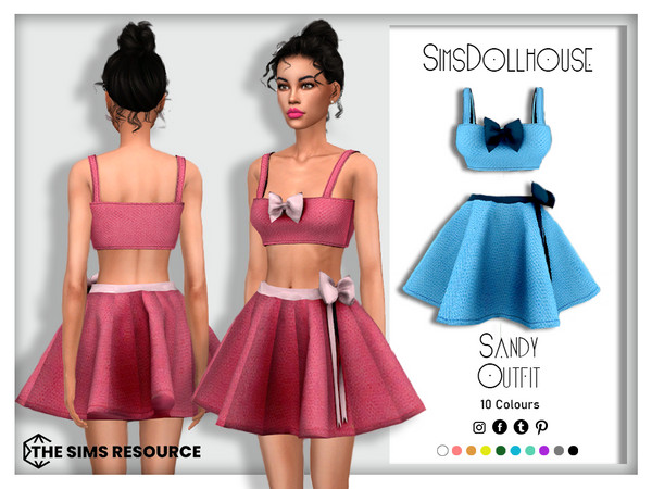 Sims 4 — Sandy Outfit by SimsDollhouse — Crop top and short skirt with silk ribbons in 10 colours for Sims 4 teens to
