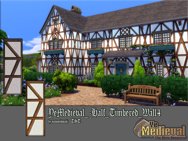 Sims 4 — YeMedieval_-Half_Timbered_Wall3 by matomibotaki — Half-timbered wall in 2 different color shades and 3 wall