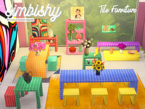 Sims 4 — Tile Furniture by simbishy — A funky furniture set refurbished with DIY tiles. Includes tables, chairs and