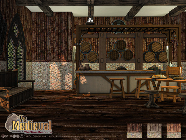 Sims 4 — Ye Medieval Wood and Stone Wall by Caroll912 — A 3-swatch, wood and stone panel wall in different shades of